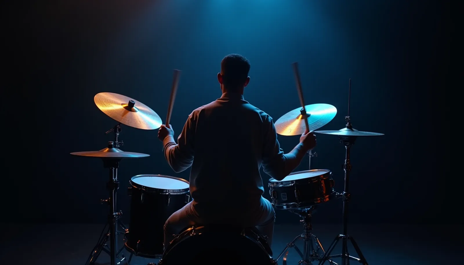 Drummer von hinten am Schlagzeug, Hände und Füße in unterschiedlichen Bewegungen, als Sinnbild für besser Schlagzeug spielen durch Koordination