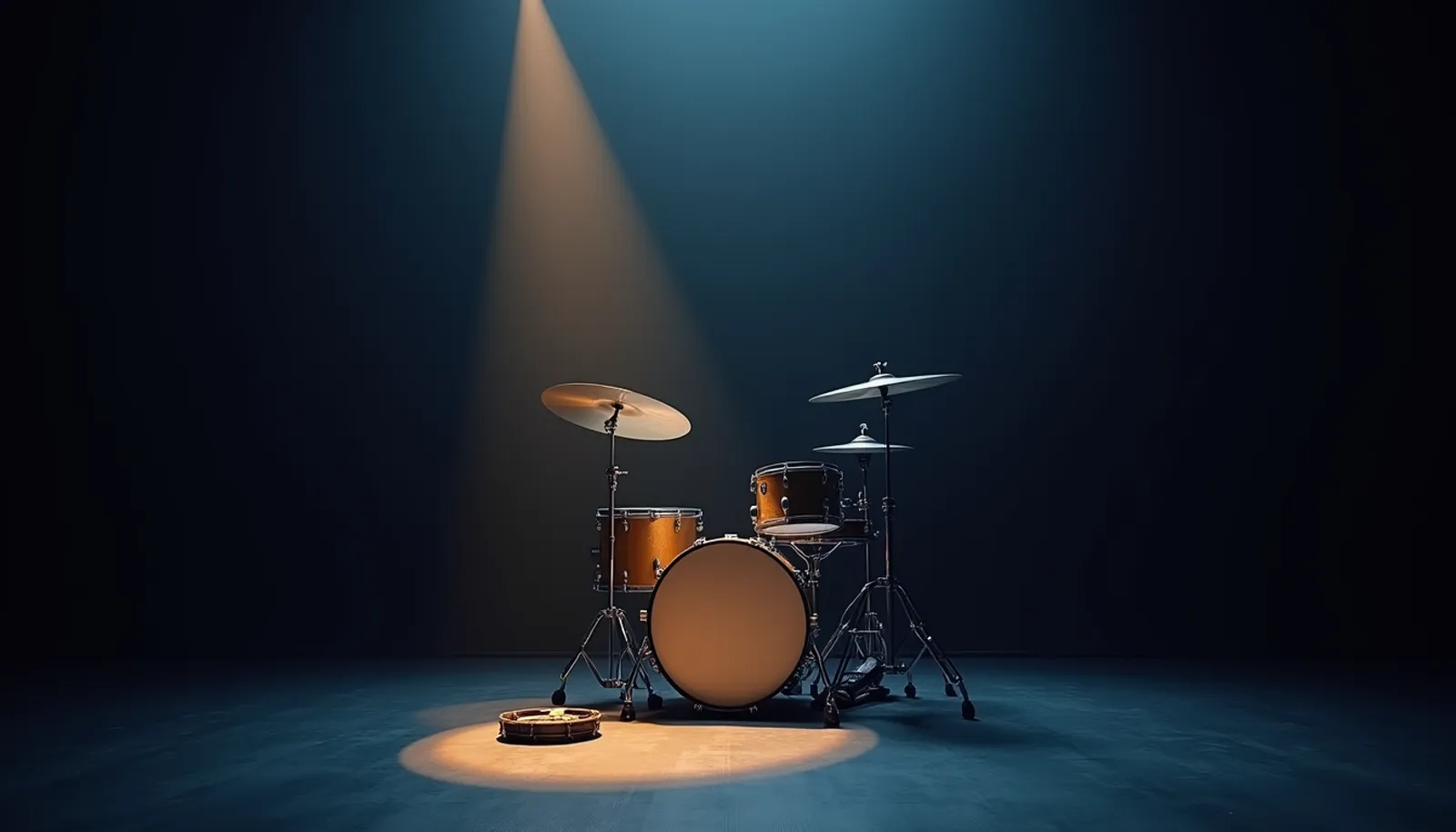 Minimalistisches Drumset mit Bassdrum, Snare und HiHat auf einer Clubbühne, Symbolbild für Schlagzeug Grooves in der Band