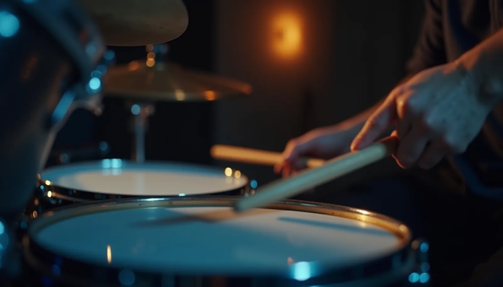 Sticks auf einer Snare im Übungsraum, Symbolbild für Schlagzeug Timing verbessern und Mikrotiming