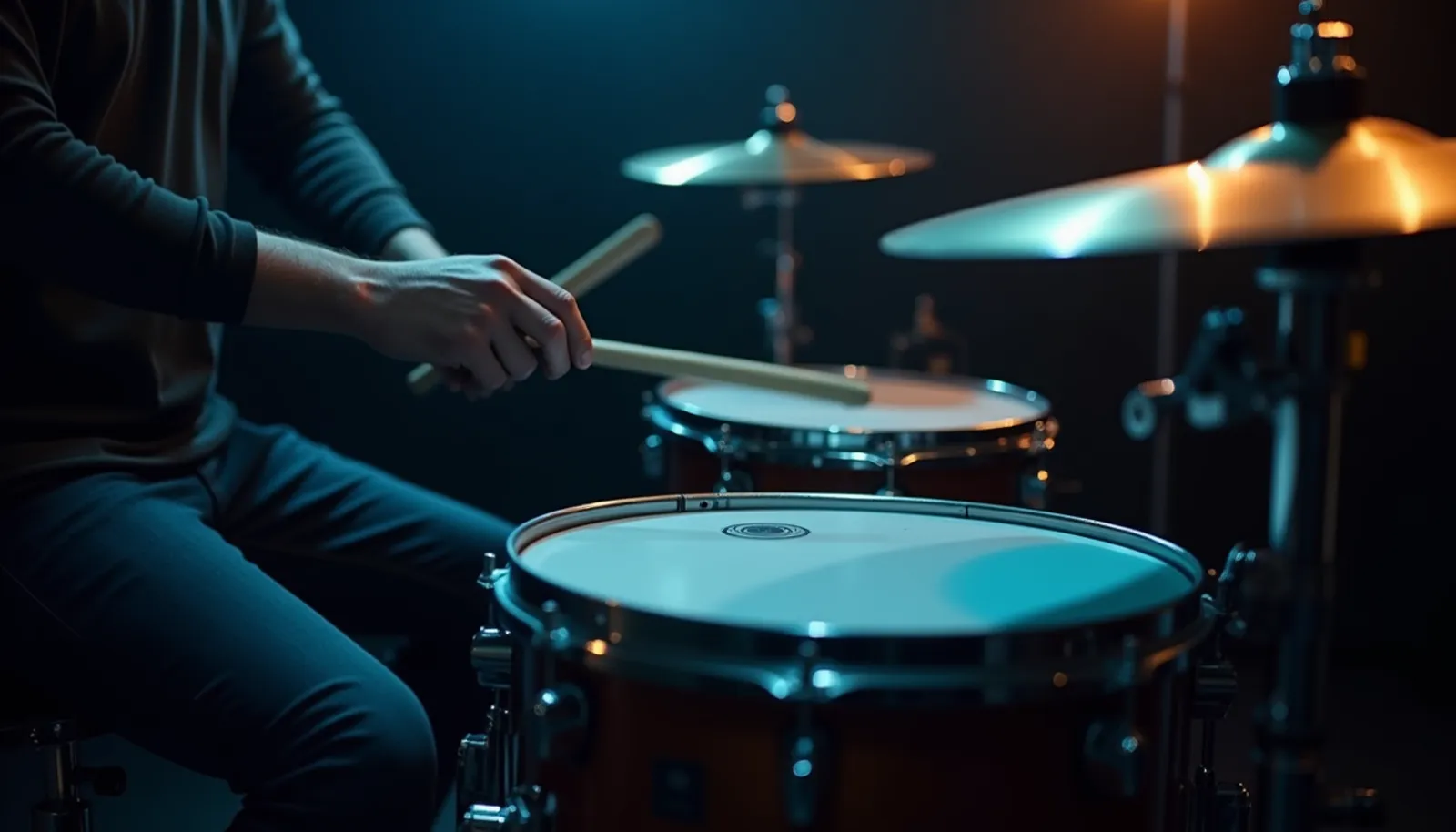 Hände und linker Fuß eines Drummers beim Schlagzeug üben an Ride-Becken und Hi-Hat im dunkelblauen Licht mit goldenem Akzent