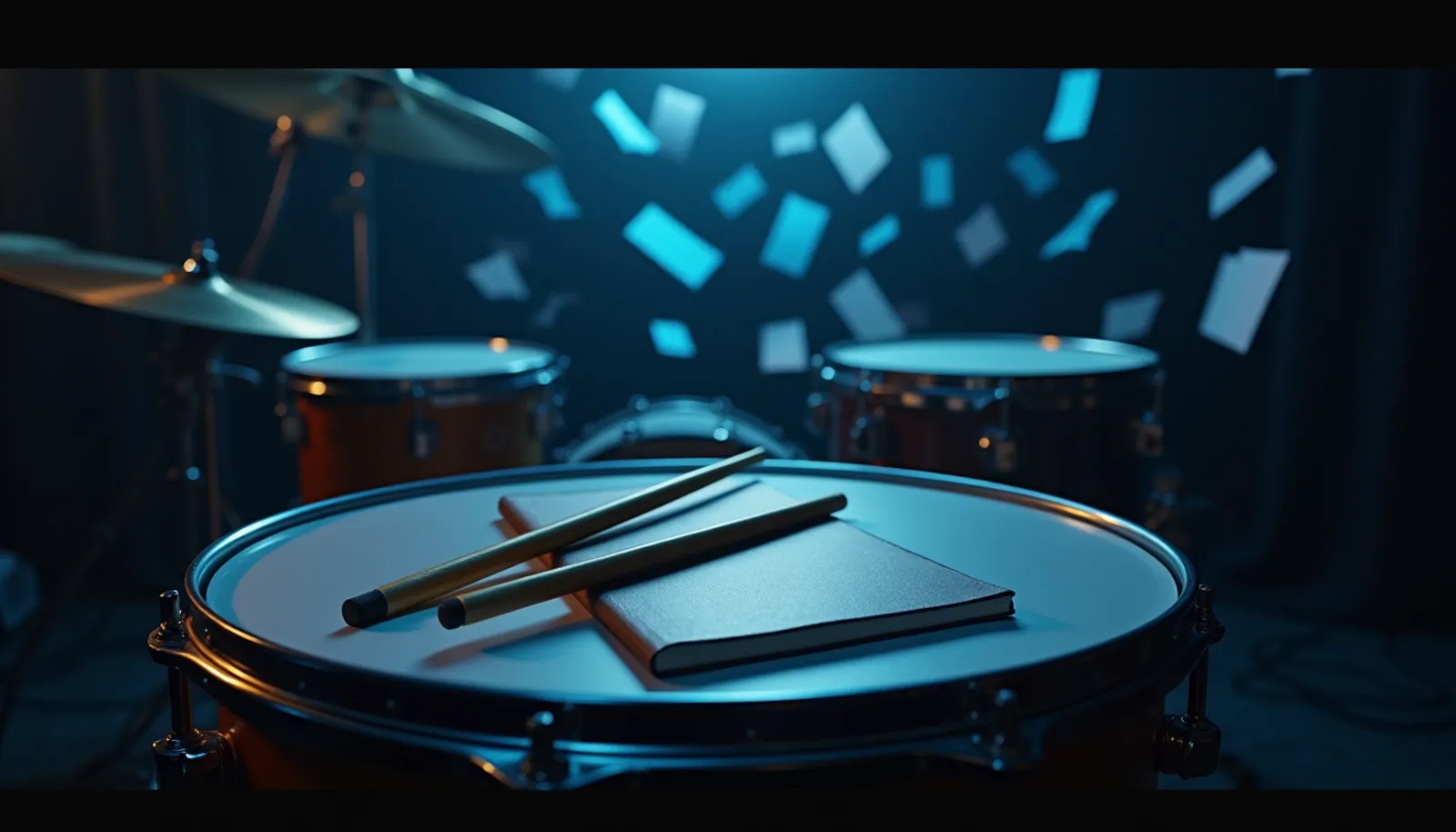 Drumsticks auf einer Snare vor einem Schlagzeug, im Hintergrund unscharf viele Zettel als Sinnbild für zu viele Schlagzeug Übungen